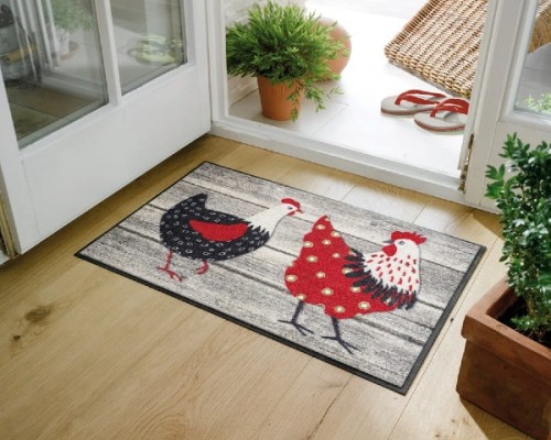Wycieraczka pod drzwi 75 x 50 cm Farma Kogut i Kura - prezentacja przed drzwiami na taras