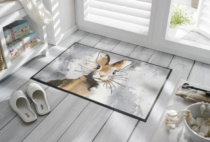 Wycieraczka do butów 75 x 50 cm z Zającem - prezentacja przed drzwiami na taras