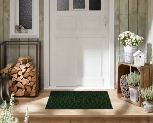 Duża wycieraczka do butów Leaves 75 x 45 cm zielona - prezentacja przed drzwiami