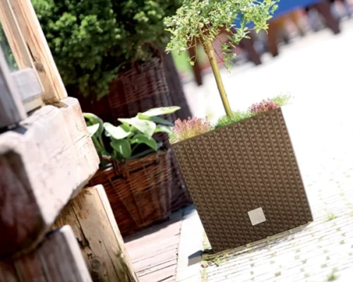 prosperplast rato low doniczka kwadratowa 26,2 cm z imitacja ratanu aranzacja na zewnatrz