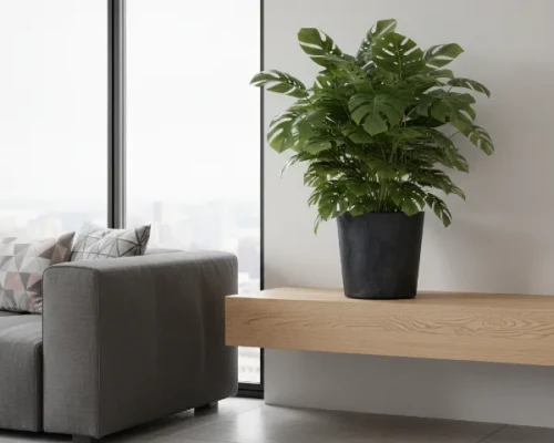 prosperplast urbi round beton effect donica antracytowa z wkladem aranzacja w salonie