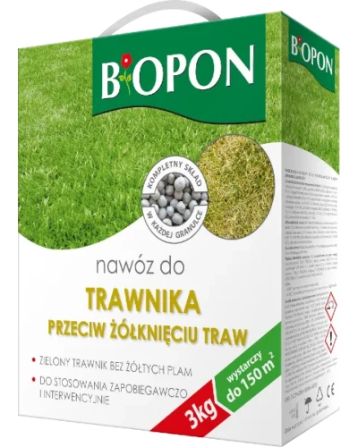Granulowany nawóz do trawnika przeciw żółknięciu traw Bopon, karton 3 kg