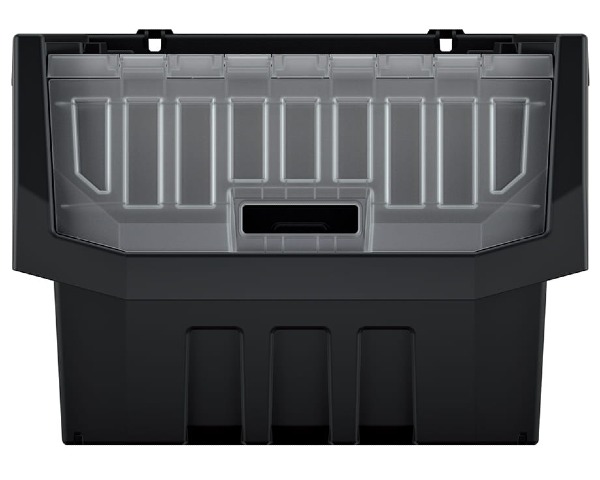 Rzut od przodu na pojemnik magazynowy z klapką