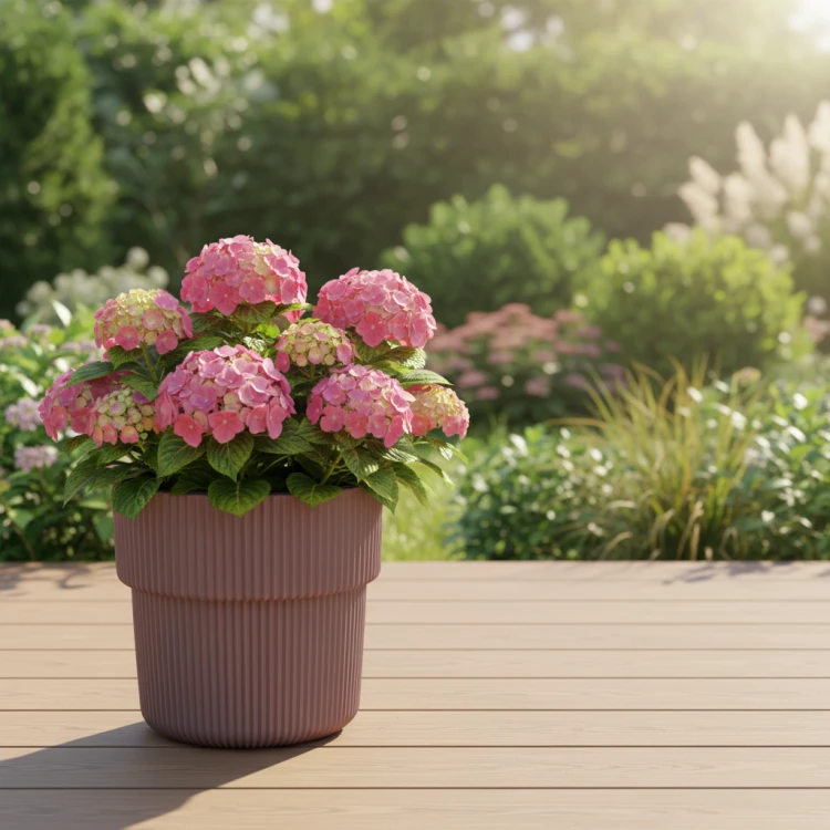 Donica Milly 40cm kolor marsala na tarasie doniczka zgaszony róż.webp