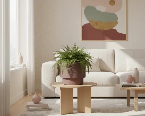 Donica Heos Prosperplast 30 cm marsala w nowoczesnym salonie