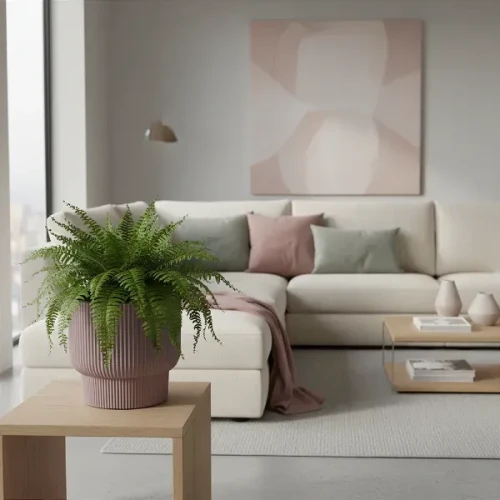 Donica Milly 40 cm kolor marsala w salonie. Prążkowana doniczka ze skrzydłokwiatem w nowoczesnej aranżacji salonu.