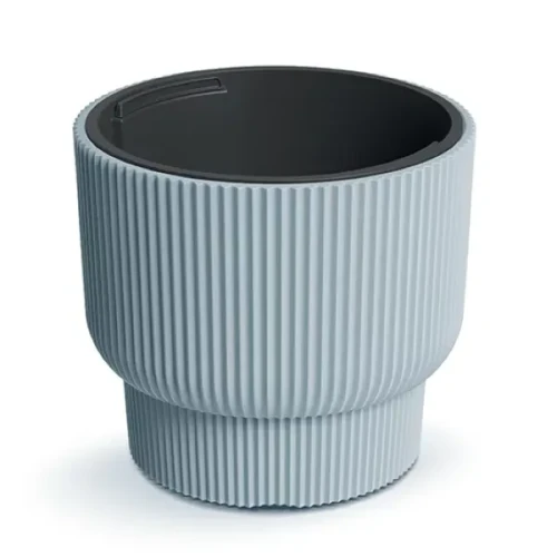 Szara donica Milly 40 cm DBMLR400 Prosperplast. Okrągła doniczka o matowym wykończeniu z pionowymi żłobieniami, zaprezentowana na białym tle.