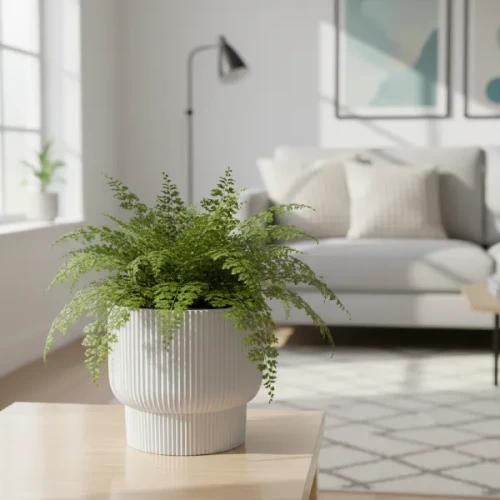 Biała doniczka Milly 30 cm w salonie. Prążkowana doniczka z paprotką.