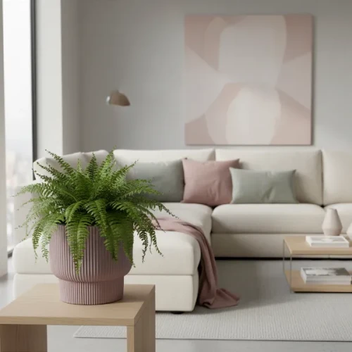 Donica Milly 30 cm kolor marsala w salonie. Prążkowana doniczka ze skrzydłokwiatem w nowoczesnej aranżacji salonu.