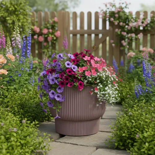 Donica Milly 40 cm kolor marsala z kompozycją kwiatową. Prążkowana doniczka  w aranżacji rustykalnego ogrodu.