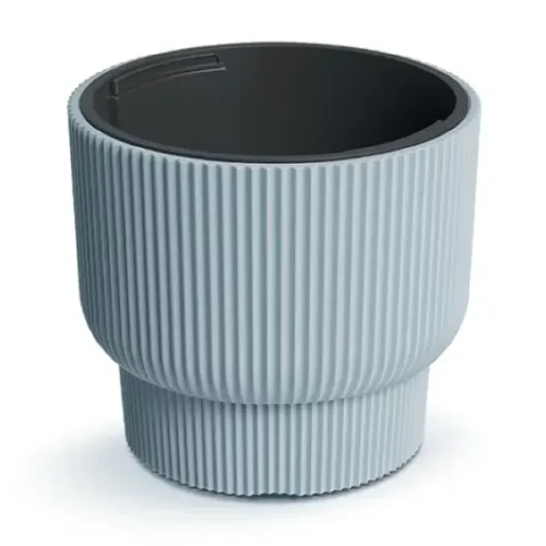 Szara donica Milly 40 cm DBMLR400 Prosperplast. Okrągła doniczka o matowym wykończeniu z pionowymi żłobieniami, zaprezentowana na białym tle.