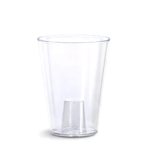 Transparentna doniczka Coubi Orchid DUS130P Prosperplast o średnicy 13 cm na białym tle. Widoczne smukłe, wysokie ścianki i przezroczysty materiał.