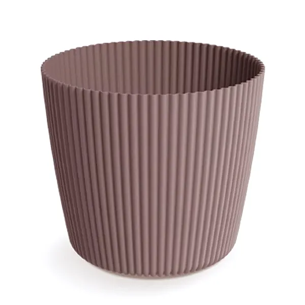 Osłonka Milly 29 cm marsala DMI300 Prosperplast. Okrągła doniczka do roślin domowych w kolorze zgaszonego różu z pionowymi żłobieniami na białym tle.