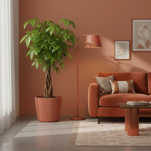 Donica Milly 39 cm miedziana DMI400 Prosperplast. Duża okrągła doniczka z pachirą stoi w nowoczesnym salonie.