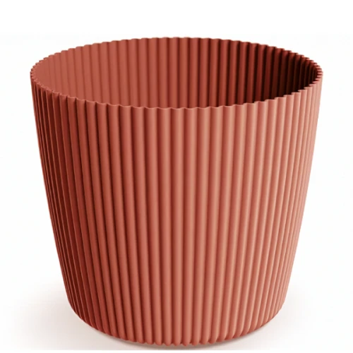 Donica Milly 39 cm miedzianym  DMI400 Prosperplast. Duża okrągła doniczka do roślin domowych z pionowymi żłobieniami na białym tle.
