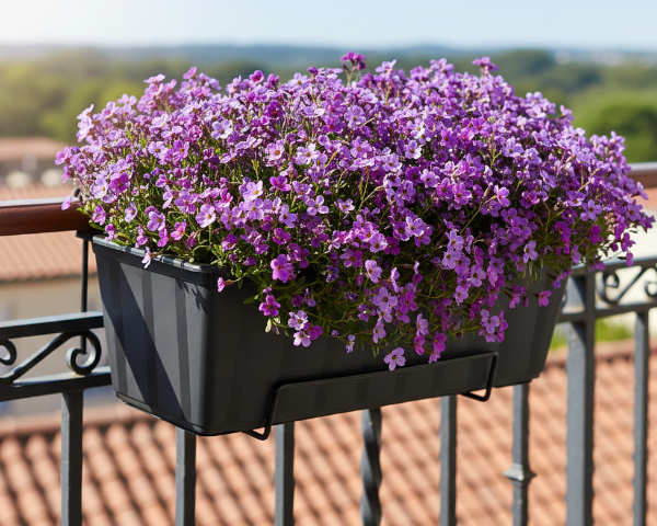 Antracytowa skrzynka balkonowa Agro 40 cm z posadzonym żagwinem wisi na balustradzie.