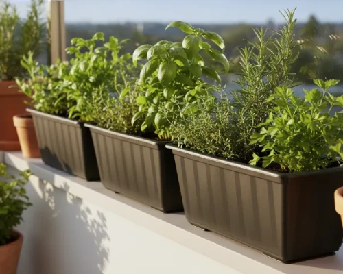 Antracytowa skrzynka balkonowa Agro 50 cm z posadzonymi ziołami stoi na tarasie