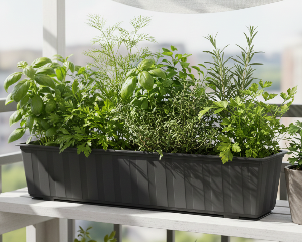Antracytowa skrzynka balkonowa Agro 60 cm z posadzonymi ziołami stoi na balkonie