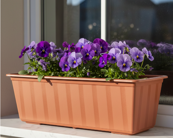 Skrzynka balkonowa Agro 50 cm terakota z posadzonymi bratkami stoi na parapecie.webp