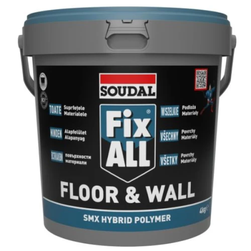 Szare plastikowe wiadro 4kg kleju hybrydowego Soudal Fix All Floor & Wall z niebieską pokrywką i czarno-niebieską etykietą producenta Soudal.