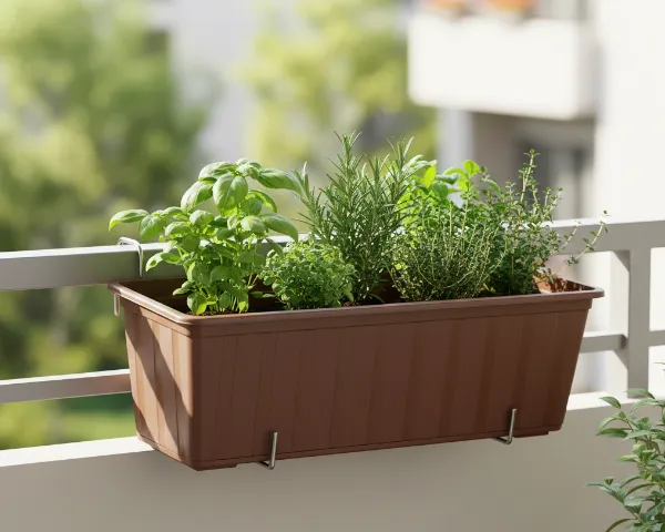 Brązowa skrzynka balkonowa Agro 50 cm zawieszona na balustradzie. W doniczce rosną świeże zioła.