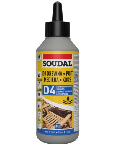 Klej do drewna poliuretanowy D4 Soudal 66A 250ml - butelka na białym tle