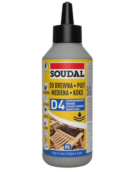 Klej do drewna poliuretanowy D4 Soudal 66A 250ml - butelka na białym tle