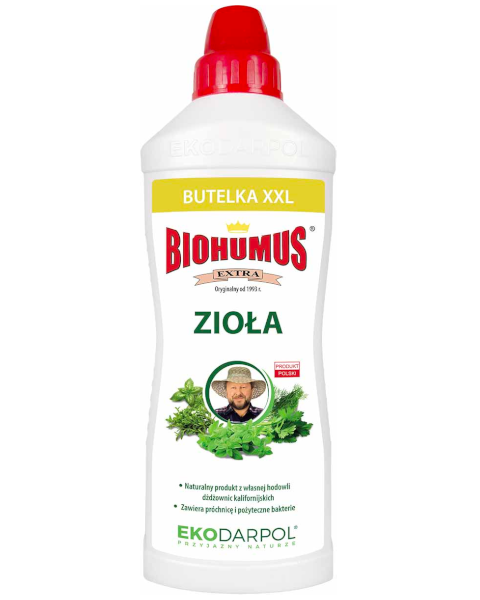 Biohumus Extra do Ziół Ekodarpol - Ekologiczny Nawóz. Butelka1,2L na białym tle.