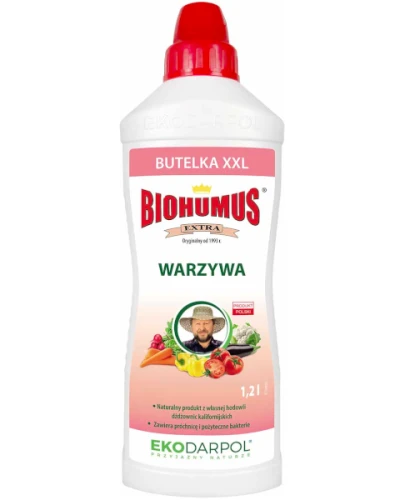Biohumus Extra do warzyw Ekodarpol - Ekologiczny Nawóz. Butelka1,2L na białym tle.