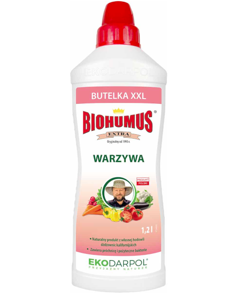 Biohumus Extra do warzyw Ekodarpol - Ekologiczny Nawóz. Butelka1,2L na białym tle.
