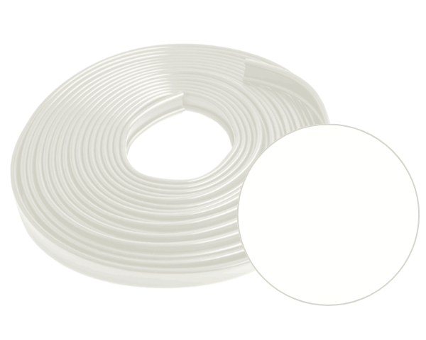 Biała okładzina poręczowa 30x8 mm z PVC, zwinięta w rolkę o długości 20 m wraz z próbką koloru.