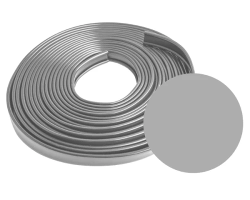 Szara okładzina poręczowa 35x6 mm z PVC, zwinięta w rolkę o długości 20 m wraz z próbką koloru.
