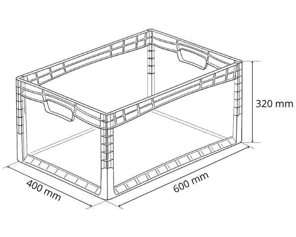 Rysunek techniczny i wymiary przezroczystego pojemnika plastikowego Euro-Norm 600x400x320 mm.