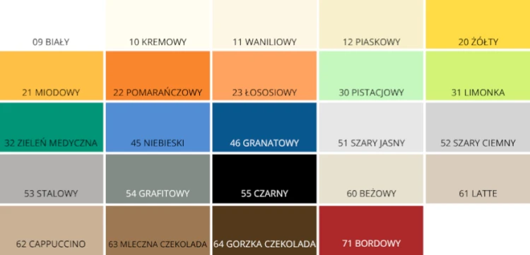 Paleta kolorów elementu dystansowego do odbojoporęczy.