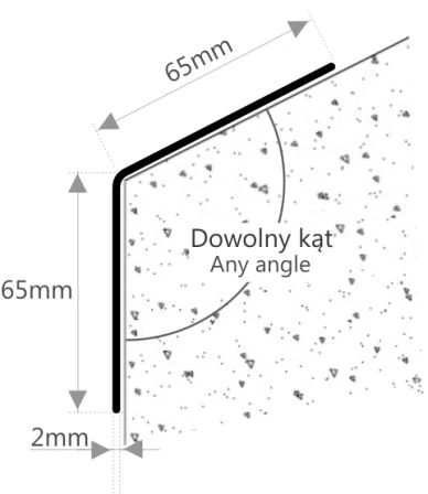 Rysunek techniczny z wymiarami kątownika regulowanego AcroMat 65x65 mm i schematem gięcia ramion.