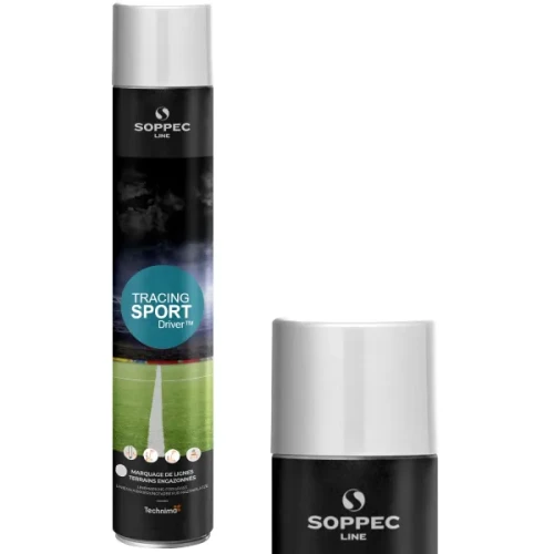 Biała farba w sprayu Soppec Tracing Sport 750 ml do malowania linii boiskowych z widoczną specjalną nasadką wylotową, puszka 750 ml