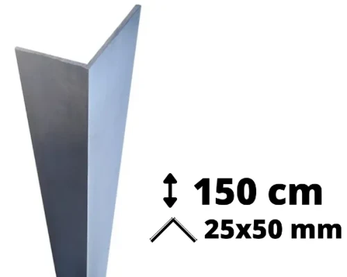 Narożnik aluminiowy o długości 150 cm i przekroju ramion 25x50 mm przeznaczony do ochrony ścian.