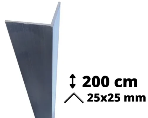 Narożnik aluminiowy o długości 200 cm i przekroju ramion 25x25 mm przeznaczony do ochrony ścian.