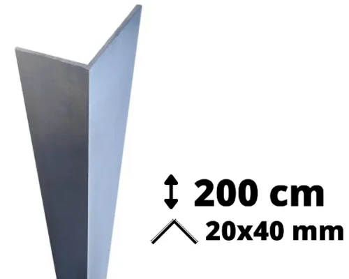 Narożnik aluminiowy o długości 200 cm i przekroju ramion 20x40 mm przeznaczony do ochrony ścian.