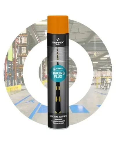 Pomarańczowy spray do linii Soppec Tracing Plus 750 ml z pionową głowicą do znakowania posadzek.