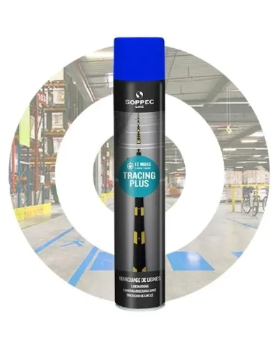 Niebieski spray do linii Soppec Tracing Plus 750 ml z pionową głowicą do znakowania posadzek.