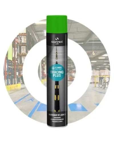 Zielony spray do linii Soppec Tracing Plus 750 ml z pionową głowicą do znakowania posadzek.