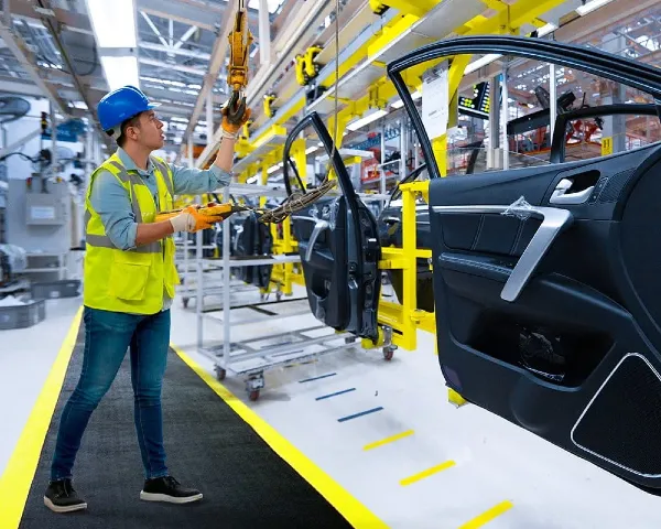 Mata antyzmęczeniowa Orthomat Standard z żółtymi pasami ostrzegawczymi wykorzystana jako element BHP w branży automotive.