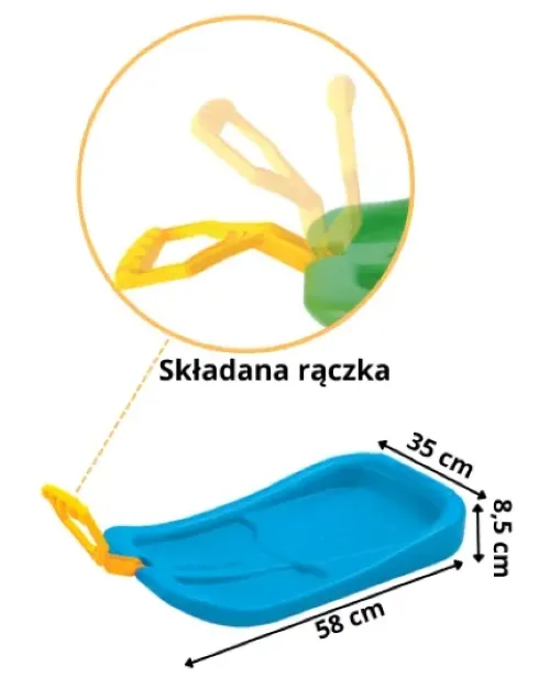 Rzut gabarytowy i techniczne wymiary ślizgacza Crazy Run wynoszące 580 × 350 × 85 mm.