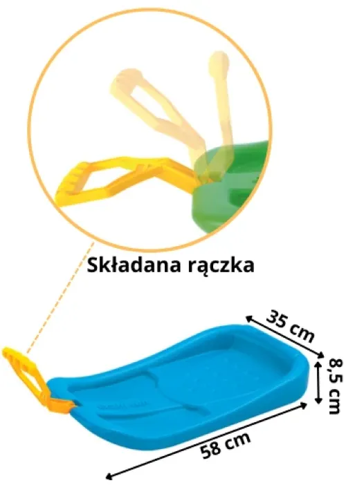 Rzut gabarytowy i techniczne wymiary niebieskiego ślizgacza Crazy Run wynoszące 580 × 350 × 85 mm.