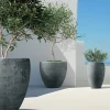 Aranżacja tarasu w stylu śródziemnomorskim z trzema dużymi donicami Cano Ethick i drzewkami oliwnymi.