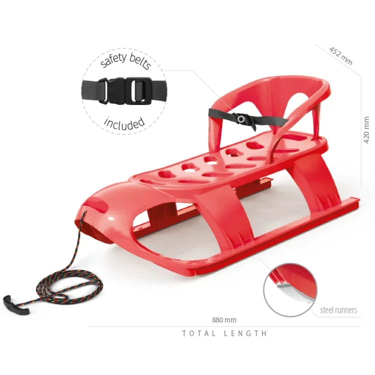 Rzut techniczny oraz gabarytowe wymiary zielonych sanek dziecięcych Bezzy Seat wynoszące 880 × 452 × 420 mm.