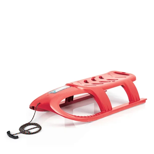 Czerwone sanki plastikowe o sportowym designie Prosperplast Bullet o długości 102 cm z linką transportową.
