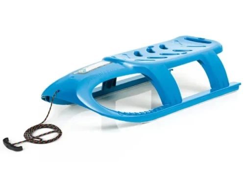 Niebieskie sanki plastikowe o sportowym designie Prosperplast Bullet o długości 102 cm z linką transportową.