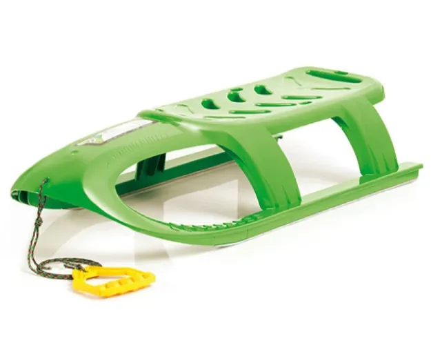 Zielone sanki plastikowe o sportowym designie Prosperplast Bullet o długości 102 cm z linką transportową.